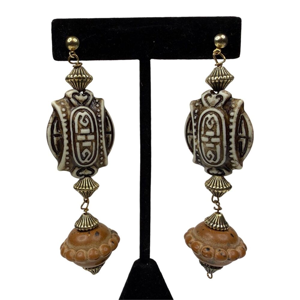 Bohemian Tribal Acrylic Beaded Dangle Drop Earring Brown Cream Gold Tone Fashion